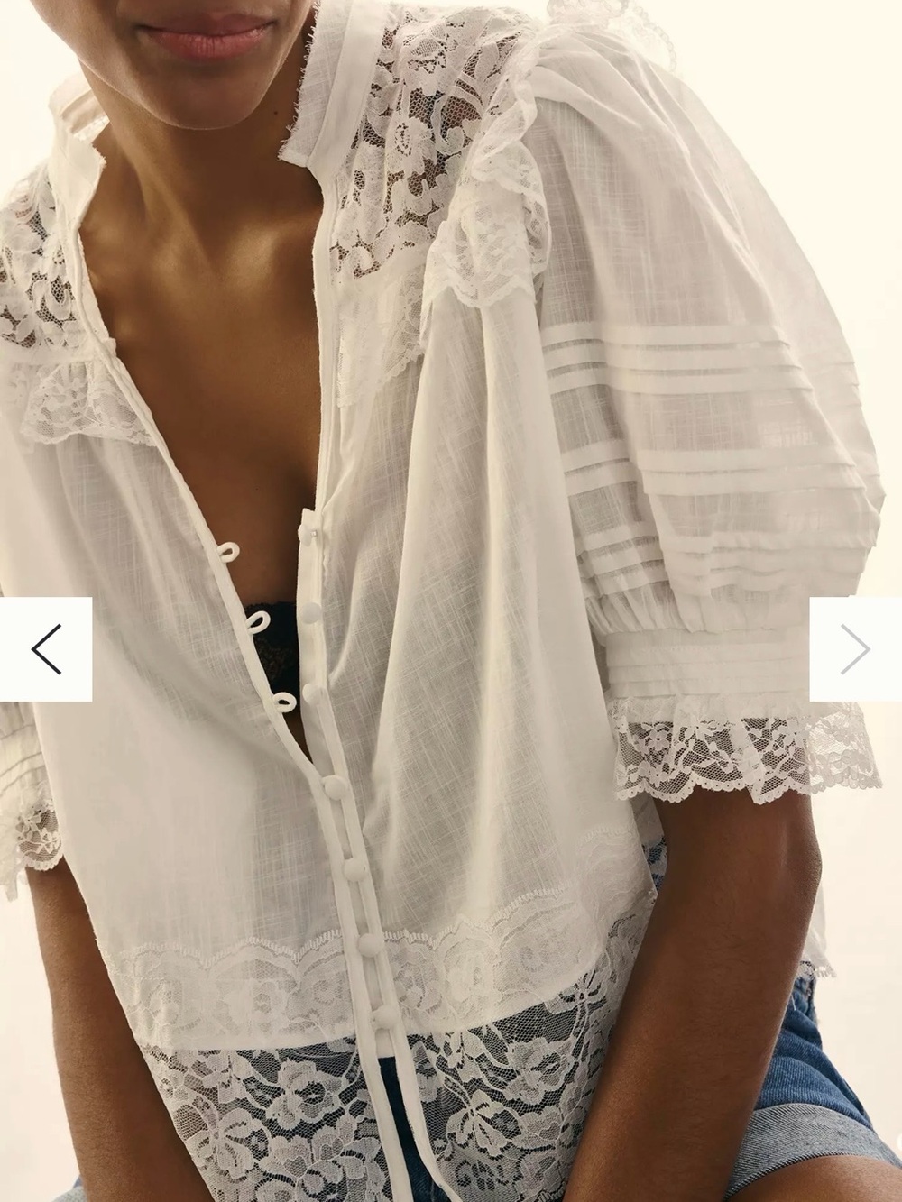 Anthropologie Cream Lace-Trim Puff Sleeve Blouse - Picture 3 of 12